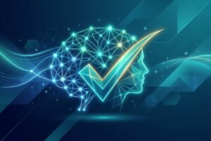 Abstract AI network and human validation concept in dark blue teal for marketing strategy