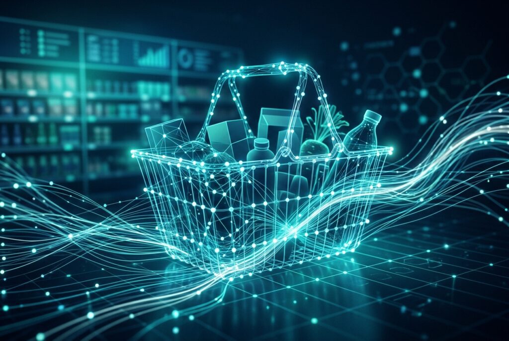 Abstract data network illustrating AI-driven personalization in grocery retail