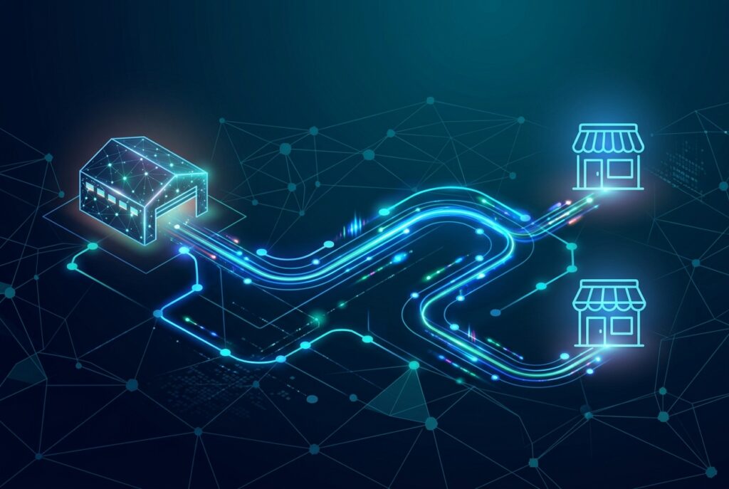 Abstract data network illustrating fast delivery and supply chain inventory flow