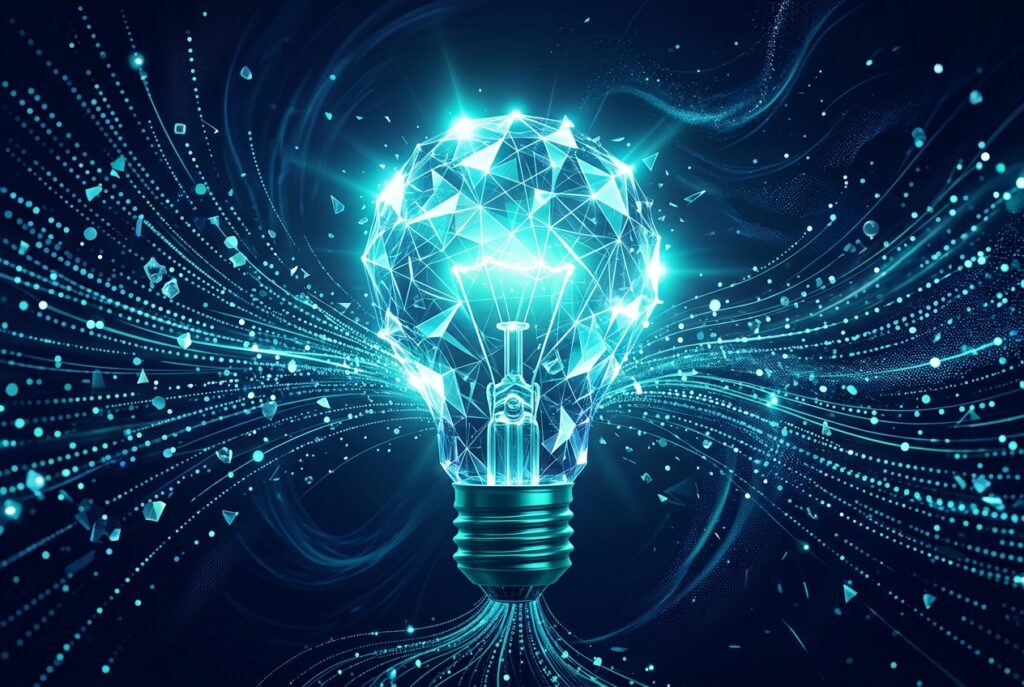 Abstract data points crystallizing into an insight, symbolizing product innovation data