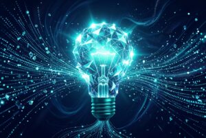 Abstract data points crystallizing into an insight, symbolizing product innovation data