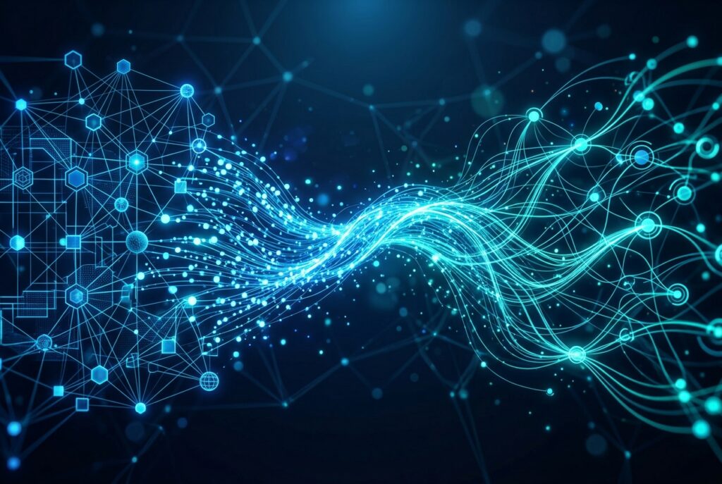 Abstract network of connected data nodes linking engineering and marketing systems