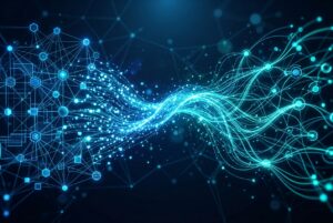 Abstract network of connected data nodes linking engineering and marketing systems
