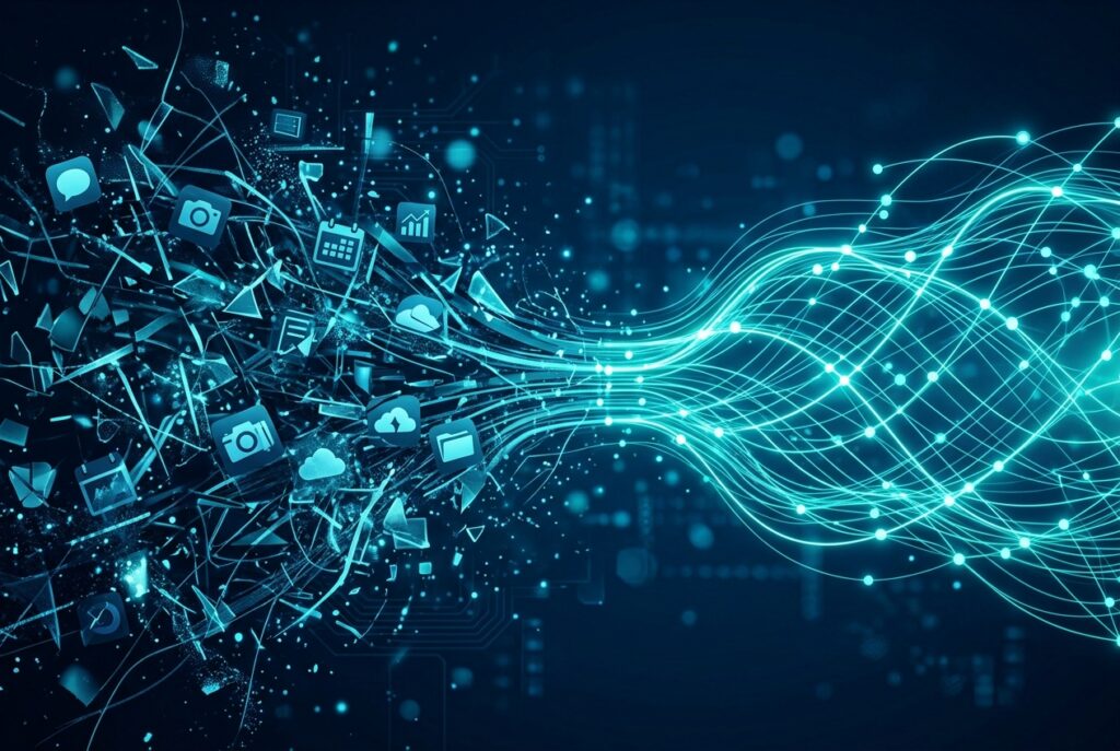Abstract network of disconnected data streams unifying into one clean AI data pipeline