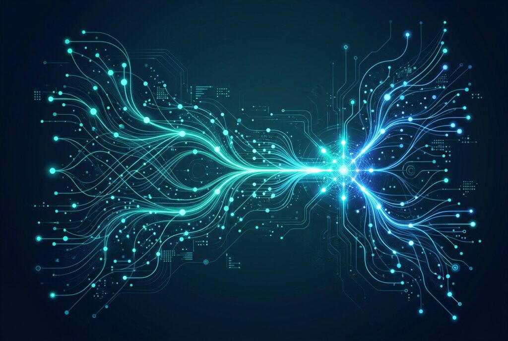 Abstract network of glowing data touchpoints illustrating scientific attribution marketing