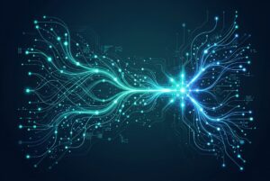 Abstract network of glowing data touchpoints illustrating scientific attribution marketing