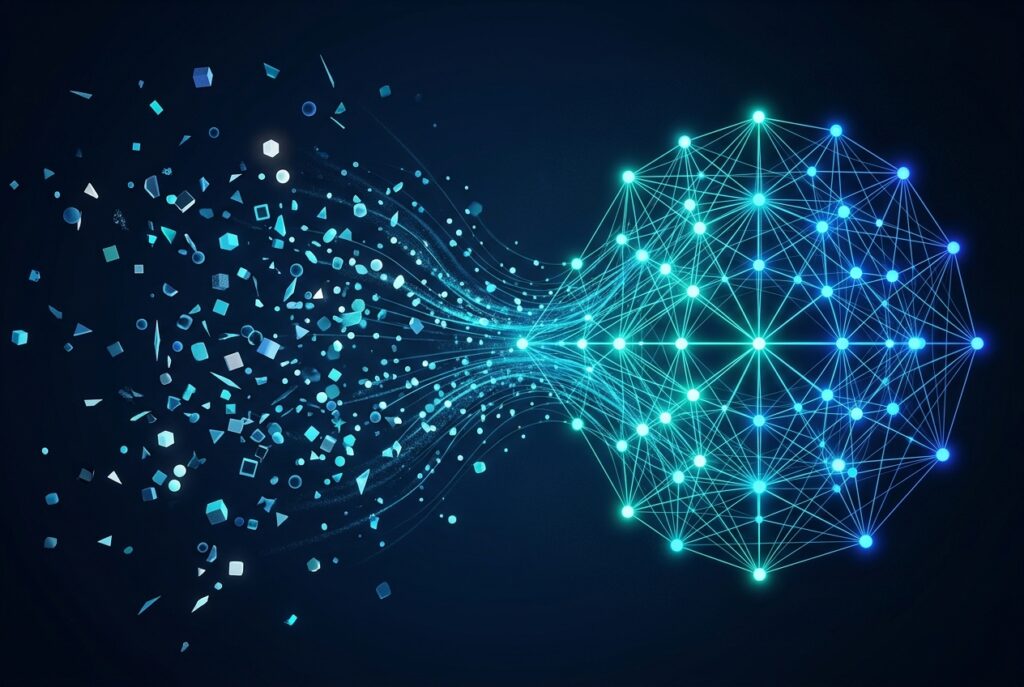 Abstract network showing fragmented enterprise data unifying for AI readiness