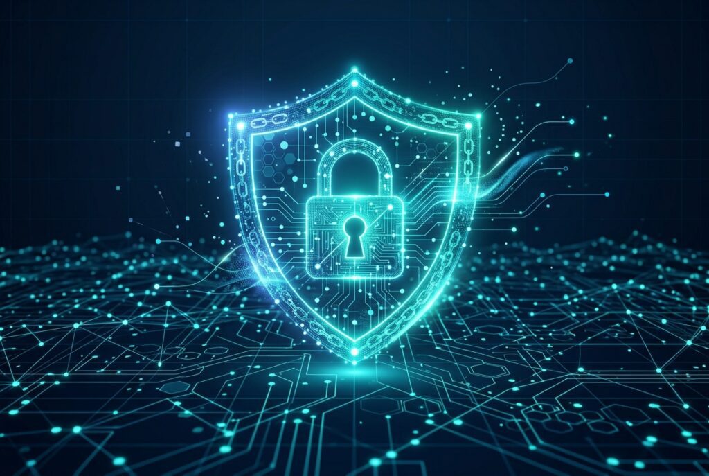 Abstract shield of connected data nodes representing website data privacy compliance