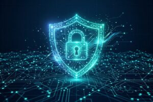 Abstract shield of connected data nodes representing website data privacy compliance