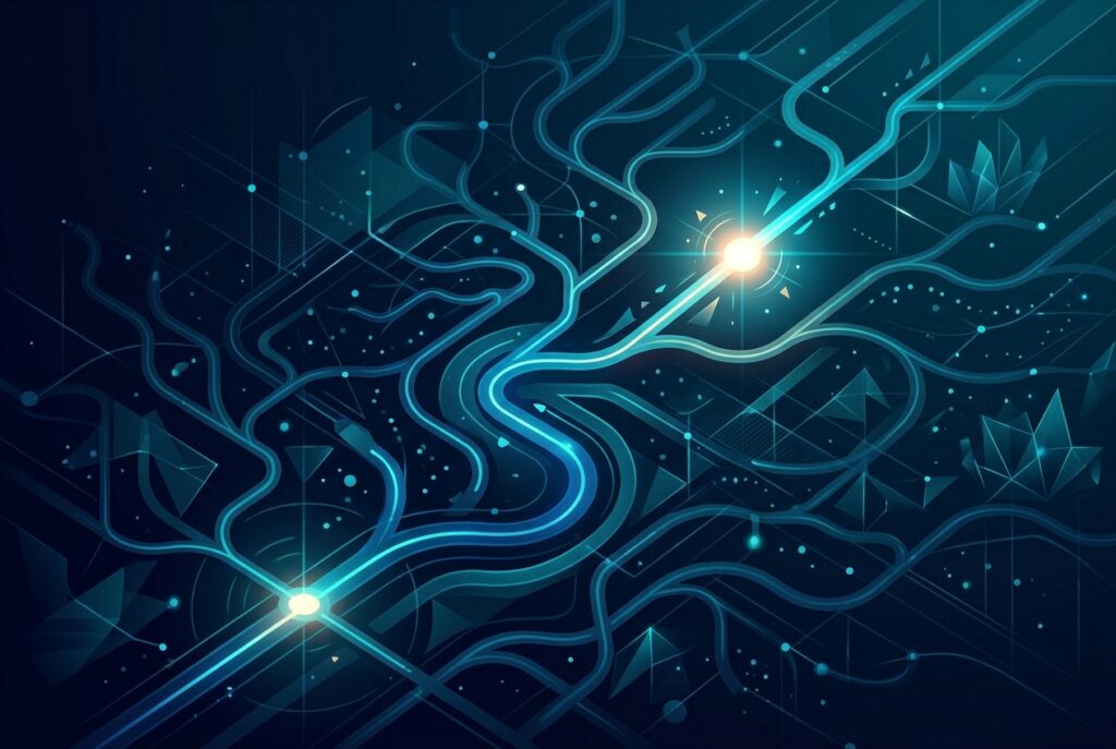 Abstract dark blue and teal illustration of a founder choosing a focused path