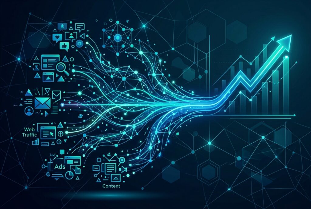 Abstract dark blue and teal illustration of marketing attribution channels converging into revenue