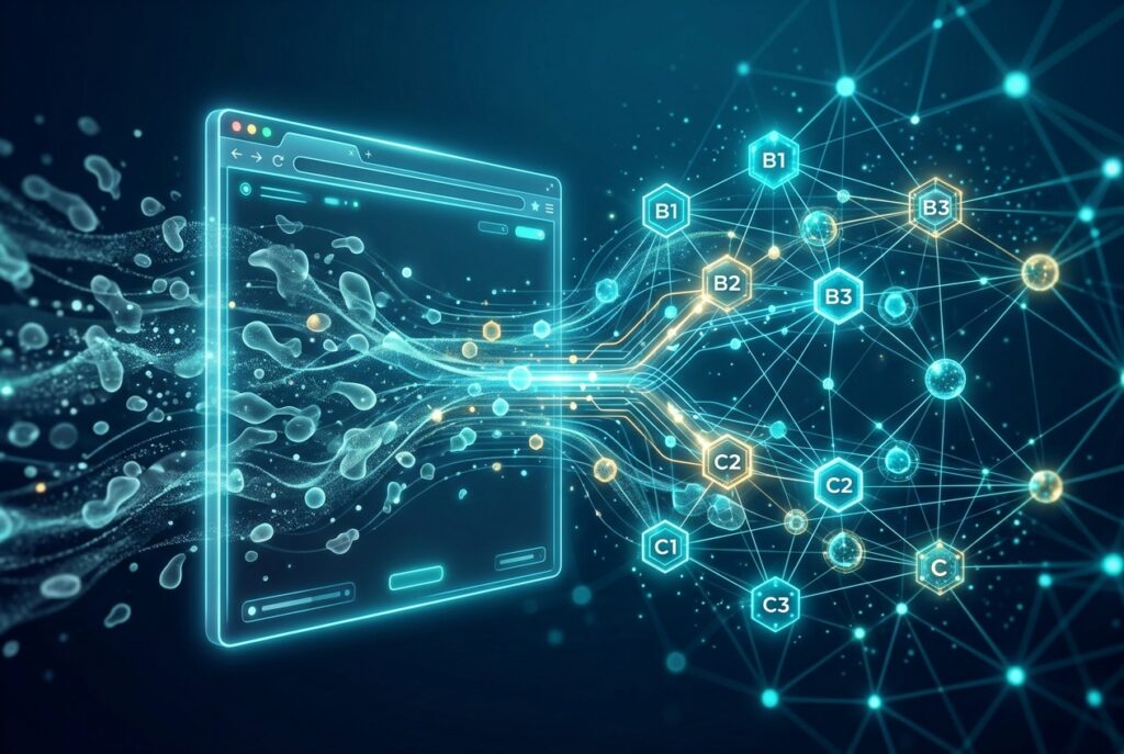 Abstract data particles resolving into identity nodes representing website visitor identification