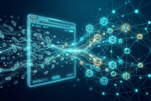 Abstract data particles resolving into identity nodes representing website visitor identification
