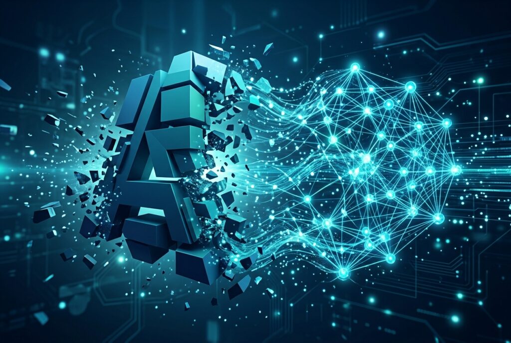 Abstract neural network illustrating an AI-first transformation of an enterprise organization