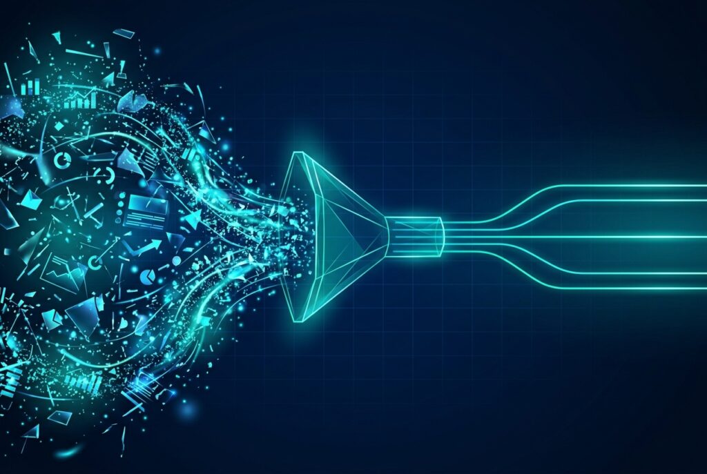 Abstract visual of marketing data overload flowing into clear organized insights