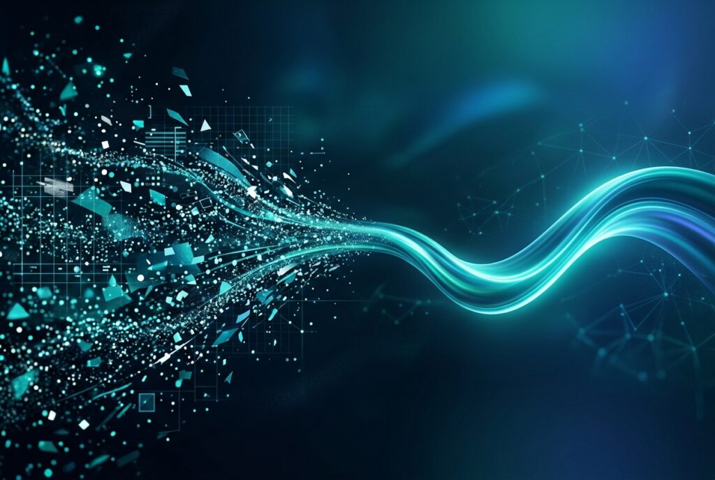 Abstract visualization of data transforming into insight and narrative