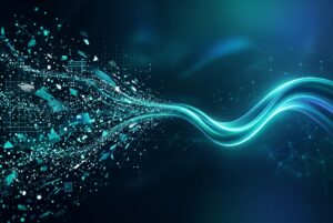 Abstract visualization of data transforming into insight and narrative