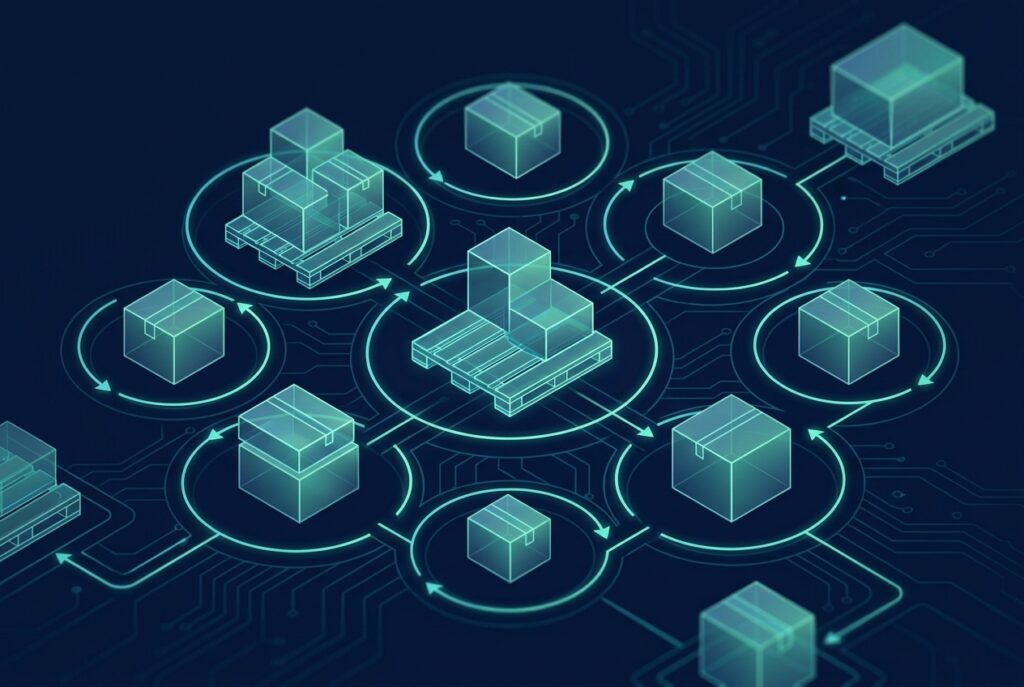 AI agents reverse logistics concept with glowing pallets and circular inventory flow