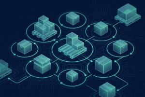 AI agents reverse logistics concept with glowing pallets and circular inventory flow