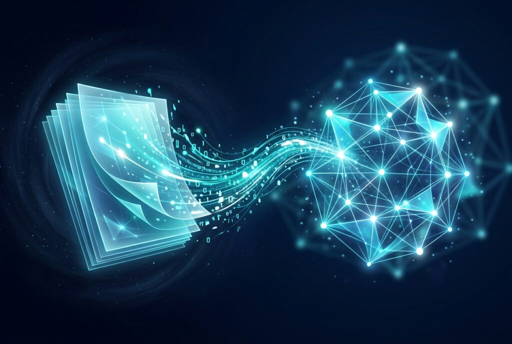 Documents turning into data streams, illustrating a content foundation for AI