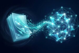 Documents turning into data streams, illustrating a content foundation for AI