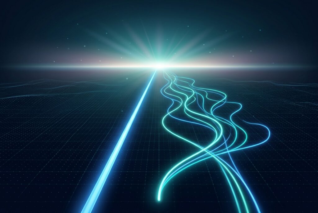 Two glowing paths toward a horizon illustrating hard trends vs soft trends in forecasting