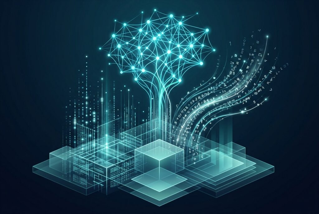 Abstract layered data foundation for AI supporting a glowing neural network