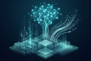 Abstract layered data foundation for AI supporting a glowing neural network