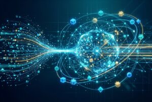 Abstract network of data nodes illustrating AI recommendations for loyalty programs