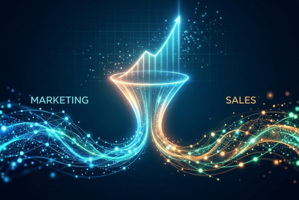 Abstract unified data funnel illustrating predictable revenue from marketing data