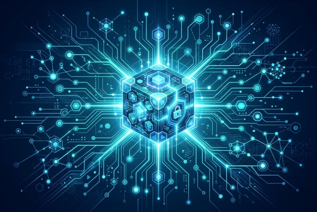 Glowing data vault in neural network showing proprietary data AI advantage
