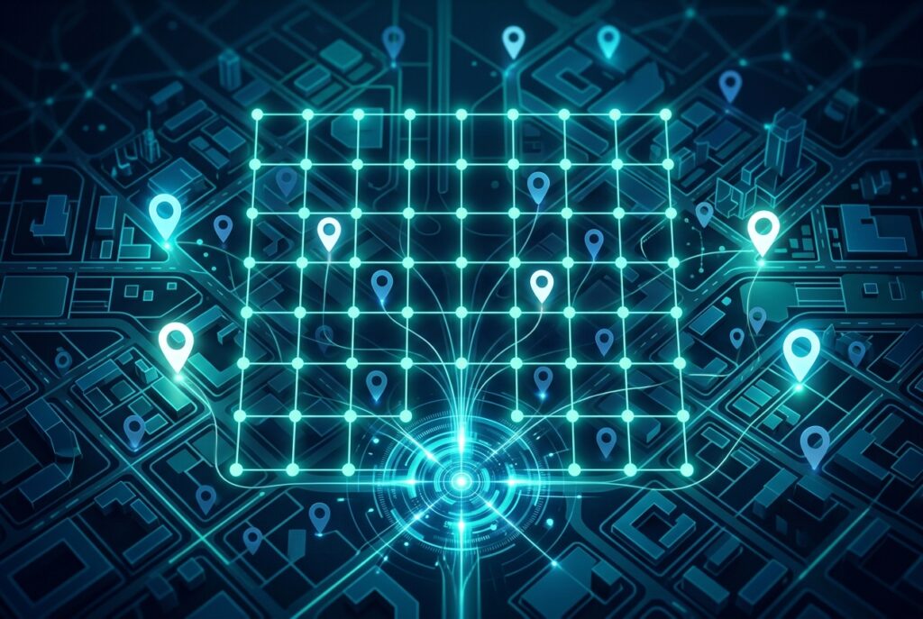 Glowing map grid with location pins representing AI local search rankings