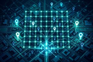 Glowing map grid with location pins representing AI local search rankings